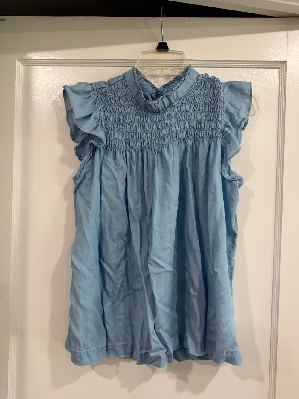 crown & ivy Light Blue Smocked Ruffle Sleeve Blouse